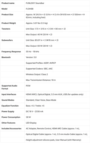 Vista 9 de FUNLOGY Barra de sonido para Smart TV, barra de sonido Bluetooth 5.0 de 100 W 2.1 canales con HDMI ARC, óptico y AUX, control remoto, para proyector