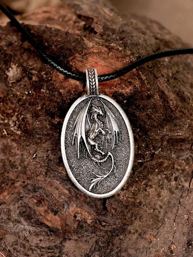 Vista 3 de HAQUIL Dragon Necklace, Antique Medieval Dragon Pendant, Faux Leather Cord, Jewelry Gift for Men and Women