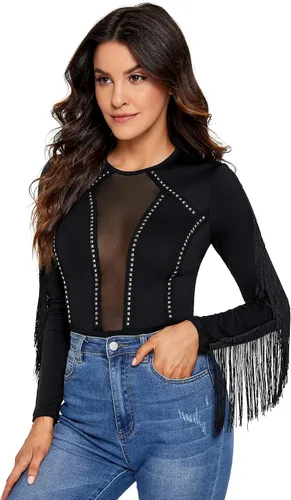 Vista 6 de SweatyRocks Body de malla transparente de manga larga con flecos y hombros descubiertos para mujer