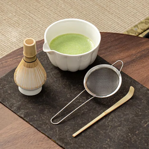 Vista 4 de Juego de batidor de matcha, juego de matcha incluye cuenco de cerámica para matcha, batidor de bambú, cuchara, soporte para Chasen, tamiz, kit