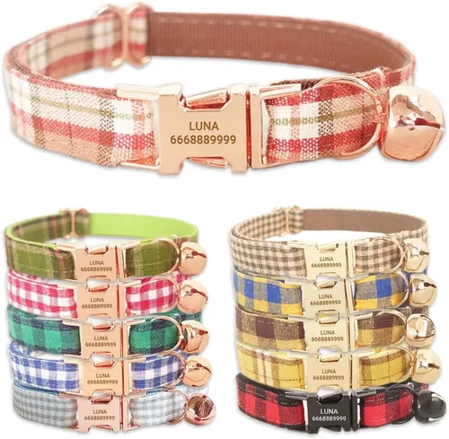 Vista 17 de PETDURO Collares de gato a cuadros personalizados hechos a mano con campana y hebilla de metal grabada con nombre personalizado para gatos lindos