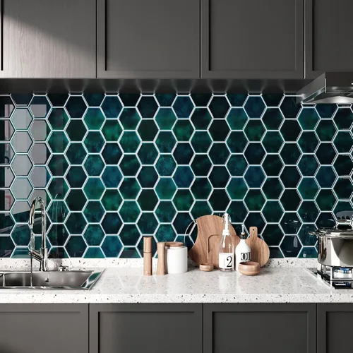 Vista 2 de CRE8TIVE 4 hojas de azulejos para despegar y pegar en muro para cocina, azulejos hexagonales de 12 x 12 pulgadas, color verde esmeralda