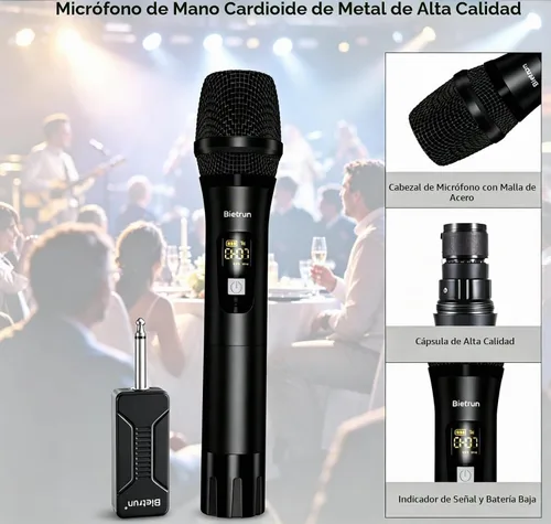 Vista 3 de Bietrun - Micrófono inalámbrico, micrófono dinámico con receptor recargable, conexión automática, diseño de todo metal, rango de 160 pies, micrófono