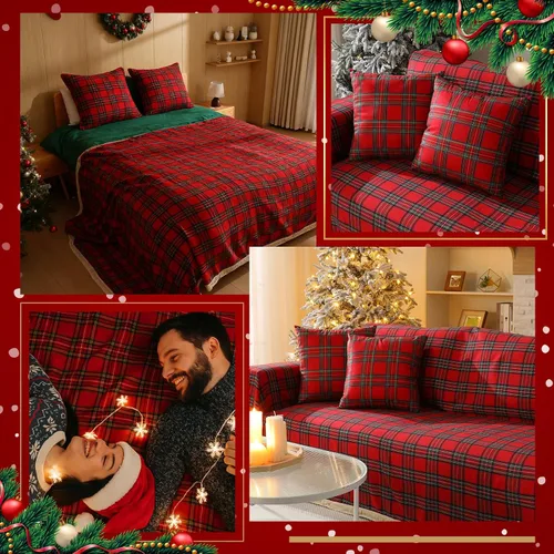 Vista 4 de Oudain Juego de fundas de sofá navideñas con 2 fundas de almohada de 71 x 134 pulgadas, fundas de sofá rojas a cuadros búfalos, funda de sofá de 3