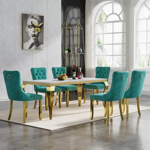 Vista 9 de Juego de 4 mesas de comedor blancas y doradas, mesa de cocina rectangular de 68 pulgadas con parte superior de mármol sintético blanco, mesa de Mesa