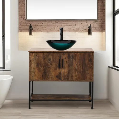 Vista 50 de UEV Juego de tocador de baño antiguo de 24 pulgadas, color marrón oscuro con lavabo, armario de baño de madera de hierro con grifo de temperatura