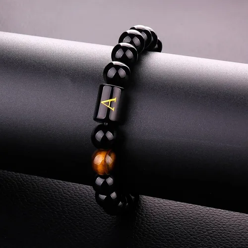 Vista 5 de SUMMER LOVE Regalos para el Día del Padre, pulsera con inicial de piedra de ónix negro de 0.394 pulgadas para hombres, pulsera de cuerda trenzada