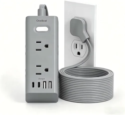 Vista 17 de Cable de extensión de 1 pie con múltiples tomas, regleta de alimentación de enchufe plano con cable de 1 pie, 6 tomas de corriente, 4 puertos USB