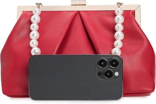 Vista 3 de CHARMING TAILOR Bolso de mano de piel sintética con marco de metal de PU fruncido, bolsa de noche formal con perla
