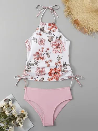 Vista 6 de Floerns Traje de baño tankini halter de 2 piezas con estampado floral y control de abdomen y braguitas