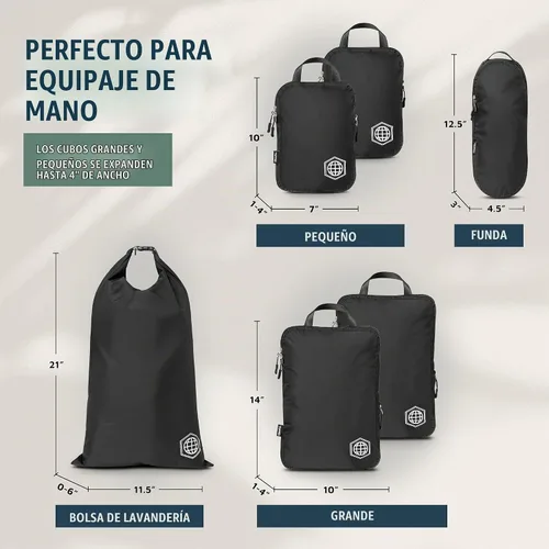 Vista 5 de Juego de cubos de compresión para maletas de transporte, organizador de ropa ligero y duradero, Negro, 6 piezas