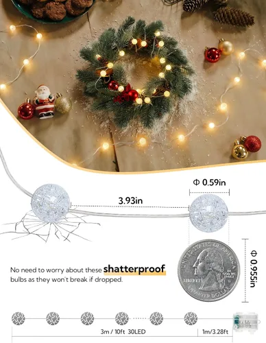 Vista 5 de Guirnalda de luces de globo, 10 pies 30 LED luces decorativas de Navidad, 8 modos de luces de bola de cristal agrietado, luces de hadas parpadeantes