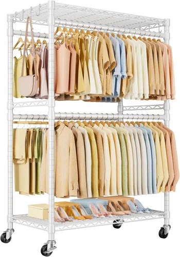 Vista 10 de ULIFHOME P4 Plus Perchero Rodante de Ropa Resistente, Percheros de Ropa para Colgar Ropa, Percheros de Vestir Independientes con Ruedas, Perchero