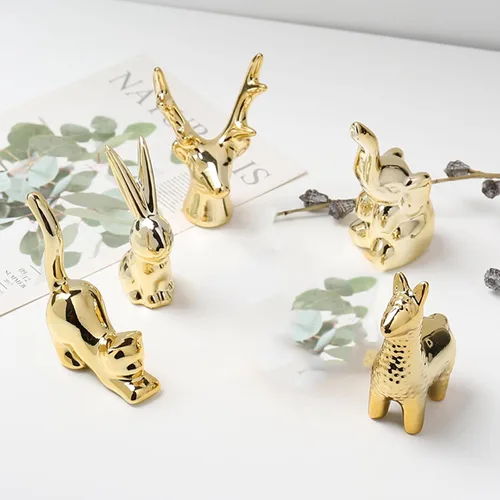 Vista 3 de Figuras de animales de cerámica, adornos dorados para decoración del hogar, esculturas y estatuas, regalos de arte hechos a mano (elefante)