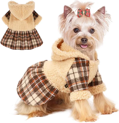 Vista 9 de Vestido de perro para perro pequeño, suéter Yorkie para niña, ropa de cachorro a cuadros, chihuahua, gato, linda ropa de forro polar cálido