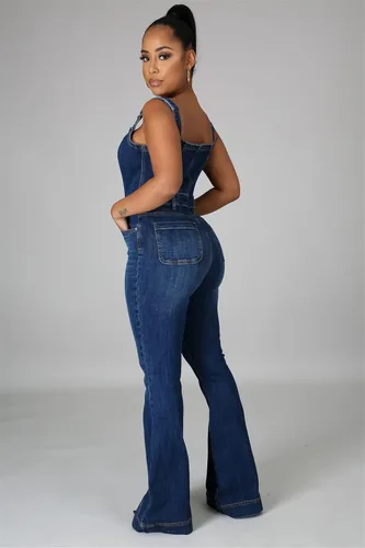 Vista 3 de Overol de mezclilla sin mangas con hombros descubiertos para mujer, con tirantes delgados, pantalones de mezclilla, overol sexy, ajustado