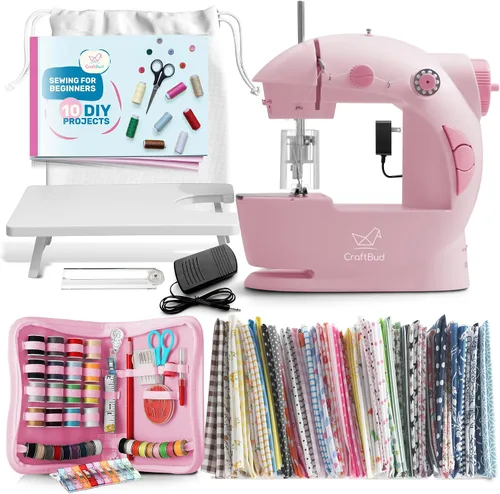 Vista 13 de CraftBud Mini máquina de coser para principiantes, máquina de coser portátil de doble velocidad para niños y adultos con mesa de extensión, juego