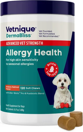 Vista 13 de Vetnique Dermabliss - Masticables para alergias para perros con fuerza avanzada para aliviar la picazón y la piel, suplemento antipicazón