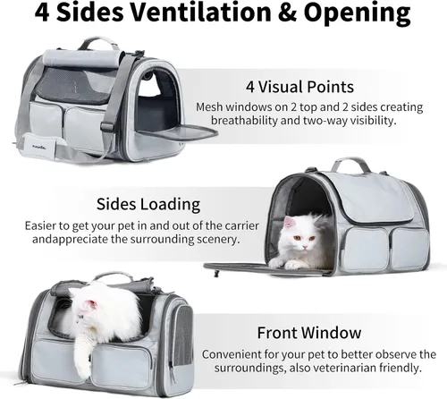 Vista 4 de FUKUMARU Transportador para Gatos, Transportador para Perros Pequeños de Lados Suaves, Bolsa de Viaje para Gatos Grandes con 4 Ventanas de Malla