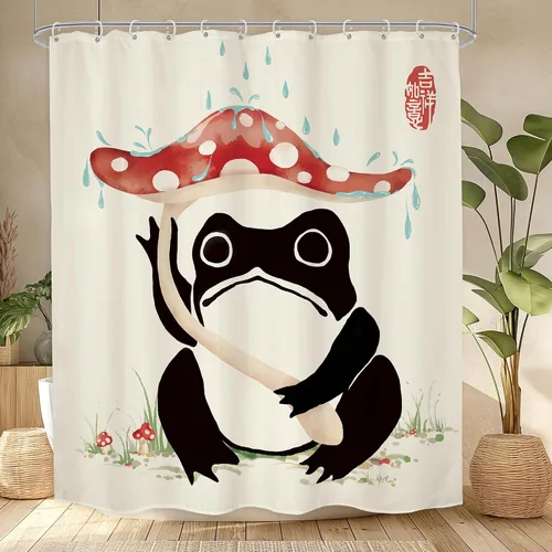 Vista 42 de Juego Divertido de Cortina de Rana Retro para Ducha, Juego de Baño 48x71 Pulgadas, Estilo Asiático Lindo, Arte Japonés Tradicional de Pato de Goma