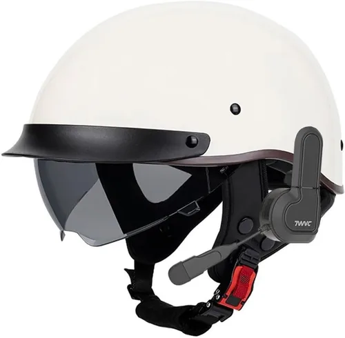Vista 4 de Casco de motocicleta con Bluetooth, estilo alemán, casco abierto, aprobado por DOT, micrófono con altavoz integrado con visera retráctil