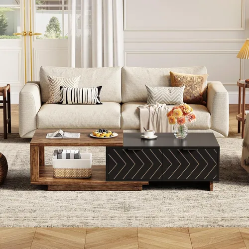 Vista 4 de LITTLE TREE Mesa auxiliar de madera expandible con 2 cajones, mesa central rectangular de granja que ahorra espacio, perfecta para sala de estar