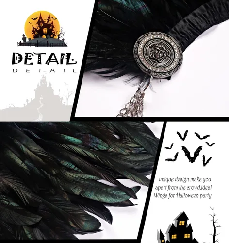 Vista 3 de Joukavor Disfraz de chal de plumas negras para mujer, cuello de plumas de Maléfica, parte superior de plumas