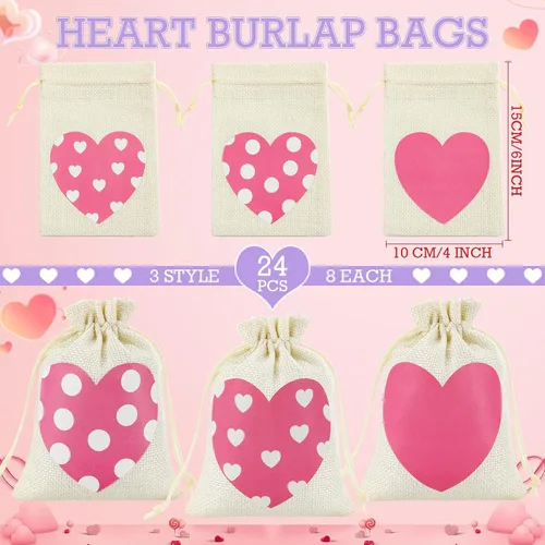 Vista 2 de Crtiin 24 bolsas de regalo de arpillera para el día de San Valentín, bolsas de regalo de lino con cordón de corazón, bolsa de dulces para regalos