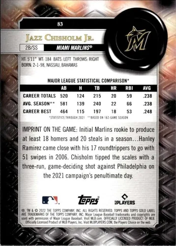 Vista 2 de 2022 TOPPS GOLD LABEL CLASS 2#83 JAZZ CHISHOLM JR. MIAMI MARLINS BASEBALL OFFICIAL TRADING CARD OF MLB