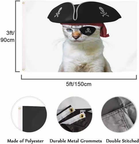 Vista 2 de Swono Bandera de pirata de gato – 3 x 5 pies divertida calavera de animal con los ojos vendados bandera triangular capitán gatito capitán