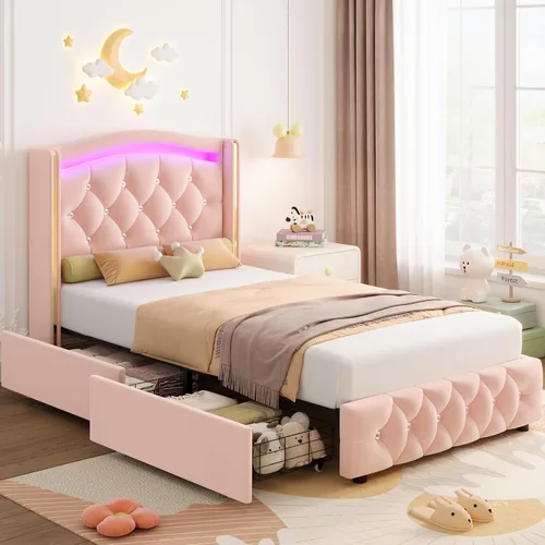 Vista 9 de Hifit Base de cama LED, tamaño individual, cabecera capitoné con botones de cristal, 4 cajones, moderna, piel sintética, de princesa, para niñas,