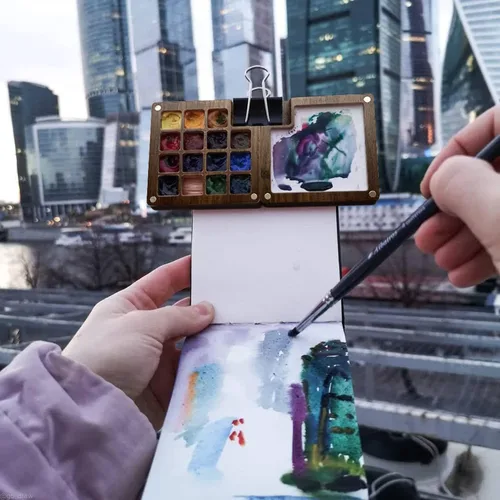 Vista 3 de Pequeña paleta de acuarela portátil de madera con tapa, mini paleta de acuarela, paleta de acuarela vacía para acuarela, gouache, pintura acrílica
