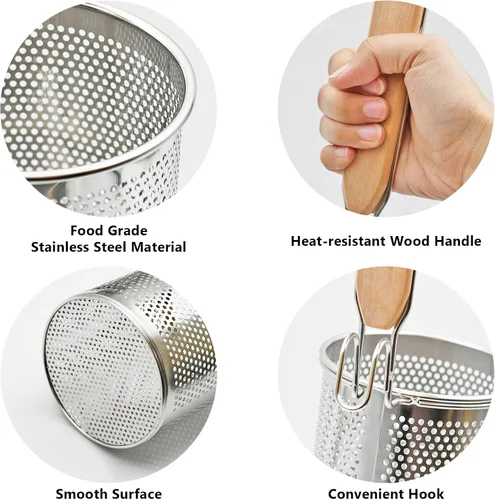 Vista 2 de Colador de Pasta de Acero Inoxidable, 2 piezas Colador de Fideos y Dumplings de Alimentos Microperforado con Mango de Madera, Cestas para Colar