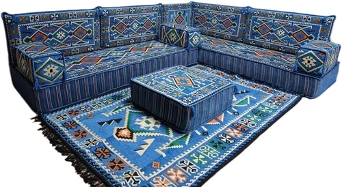Vista 179 de arabicsofa Juego de asientos Jalsa en forma de L – Majlis árabe hecho a mano con almohadas de respaldo