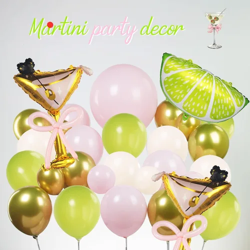 Vista 6 de Juego de guirnalda de globos de martini de limonada A Tini Bit para decoración de fiesta mayor, 130 globos rosa, verde y blanco, globo de vidrio