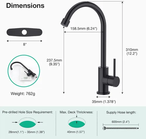 Vista 6 de CREA Grifo negro mate solo para agua fría, para cocina, bar, fregadero al aire libre, 1 agujero, 3 agujeros (con placa de cubierta), arco alto