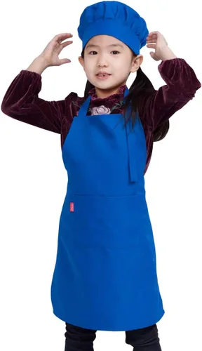 Vista 6 de Juego de delantal y gorro de chef para niños, delantal ajustable con babero para niños con 2 bolsillos. Lindo delantal de cocina para niños y niñas