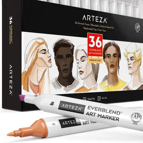 Vista 8 de ARTEZA Everblend - Juego de marcadores de alcohol en tono de piel, 36 tonos, bolígrafos de boceto con doble punta, cincel fino y ancho