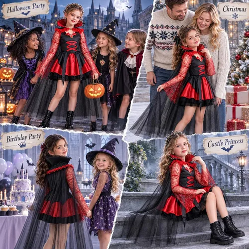 Vista 6 de Latocos Disfraz de vampiro de Halloween para niñas, vestido de vampiro