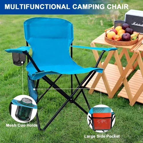 Vista 4 de Sillas plegables de camping colapsables, silla de césped de alta resistencia con bolsa para bebidas, bolsillo de almacenamiento, silla de brazo