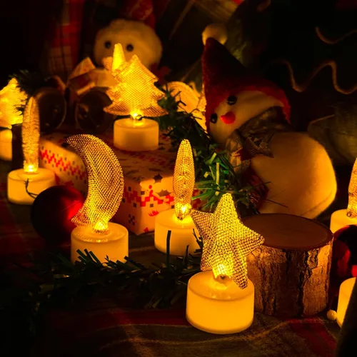 Vista 3 de HAIDOLIANG 6 velas de té de árbol de Navidad (hierro), velas LED sin llama que funcionan con pilas para regalos de vacaciones, velas votivas LED