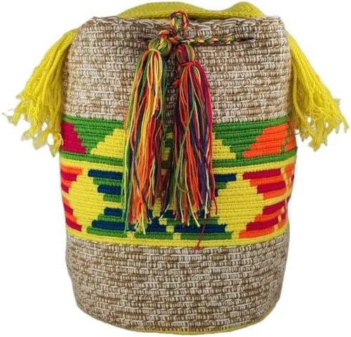 Vista 2 de Mochila Wayuu colombiana 100 % auténtica, hecha a mano, producto artesanal, bolsa de viaje cruzada de diseño único, estilos multicolor..