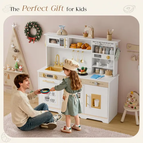 Vista 7 de Juego de cocina para niños, juego de cocina con 21 accesorios divertidos, juego de cocina de juguete con electrodomésticos realistas, almacenamiento
