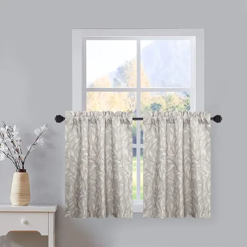 Vista 17 de VOGOL Cortinas con estampado de pájaros campestres, 30 x 24 pulgadas, 2 paneles, beige Linen Look Texture, Decorative Small Window Treatment