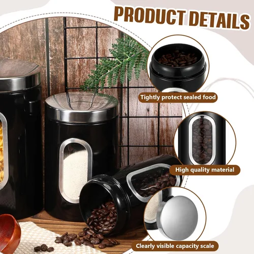 Vista 3 de Maxdot Juego de 6 recipientes negros para encimera de cocina, té, café, azúcar, con ventana transparente, tarro de café, contenedor de azúcar