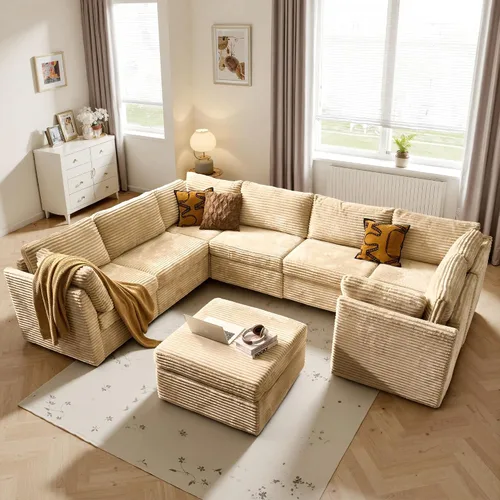 Vista 26 de Ovios - Sofá modular con diván en forma de U y otomanas, cómodo y mullido, tapizado en pana estilo nube, moderno, asiento profundo, juego de sofás