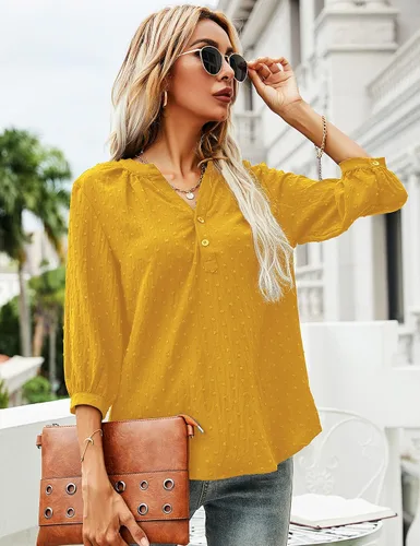 Vista 2 de LOMON - Blusas informales de manga 34, con cuello henley en v y botones, de plumetí con pliegues en la espalda para mujer, tallas de la S a la XXL