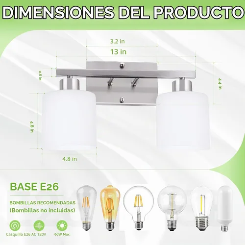 Vista 2 de CANMEIJIA - Lámparas de tocador de baño de 2 luces, níquel cepillado