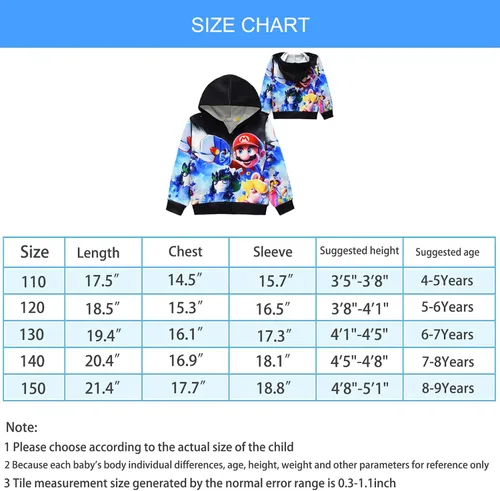 Vista 6 de Oman nylon Girls Boys Super Bros Princess Hoodie Zipper Sweatshirts 3D Cartoon Hoody Top For Kids 4-9Years