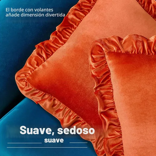 Vista 5 de Juego de 2 fundas de almohada de terciopelo, suaves fundas decorativas con volantes para sofá, sofá cama y dormitorio, 18 x 18 pulgadas, naranja